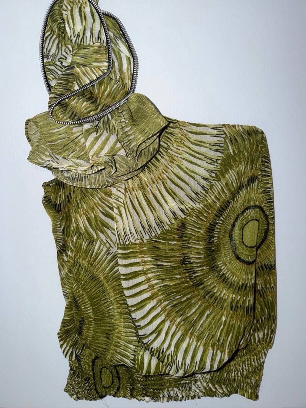 Olive Green One Shoulder Patterned Ruffle-Neck Sleeveless Top